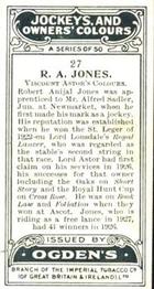 1927 Ogden's Jockeys and Owners' Colours #27 Robert Anijal Jones Back